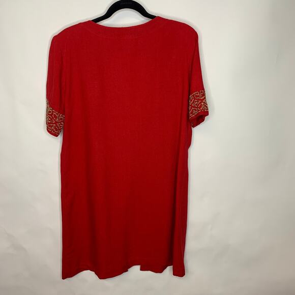 Carole Little Red Dress Jacket Flax Rayon Tencel Sz 14 Beaded Sleeves - Picture 5 of 10